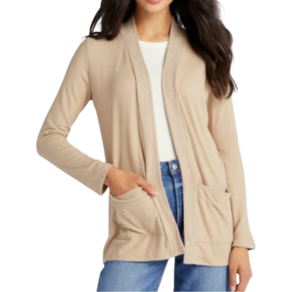 NWT Wantable Brushed Hacci Rib Contrast Placket Cardigan Beige Medium Fall